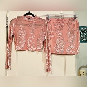 Floral Embroidered Pink Sheer Crop Top and Mini Skirt